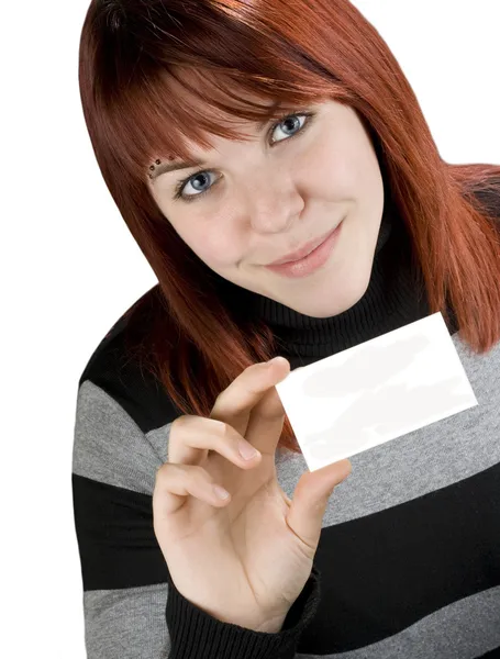Chica exitosa sosteniendo una tarjeta de visita negro —  Fotos de Stock