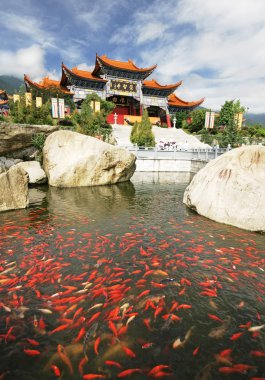 Chinese Buddhist temple with goldfish clipart