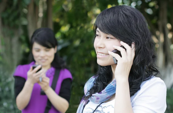Frauen sprechen mit Mobiltelefonen lizenzfreie Stockfotos