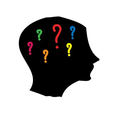 Head silhouette with question marks