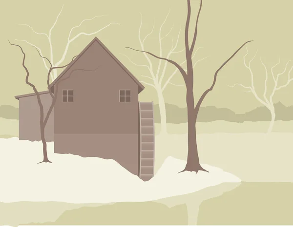 Old Mill Winter Scene — Stock Vector
