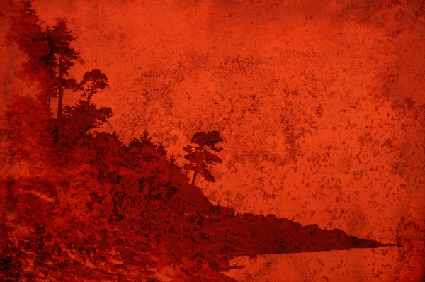 Texture con paesaggio rosso vintage di alberi e rocce costiere — Foto Stock