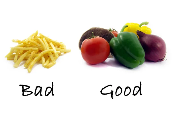 Gutes gesundes Essen, schlechte ungesunde Lebensmittelfarben — Stockfoto