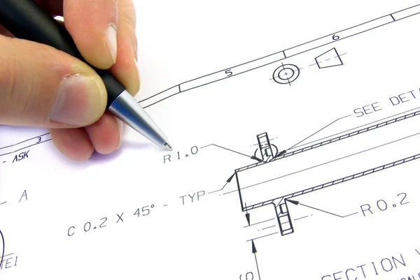 Technical sketch with hand and pen. — Stock Photo, Image