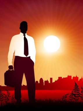 Traveling Businessman on sunset background clipart