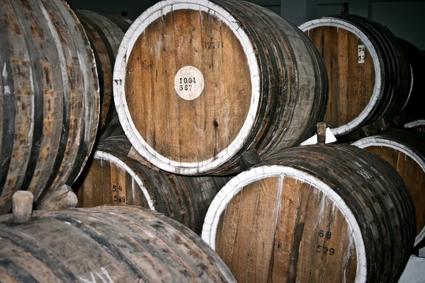 stock image Barrels of wine in storage