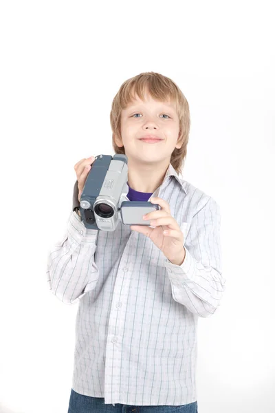 Menino com câmera de vídeo — Fotografia de Stock