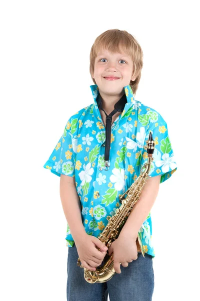 Хлопчик з саксофон — стокове фото