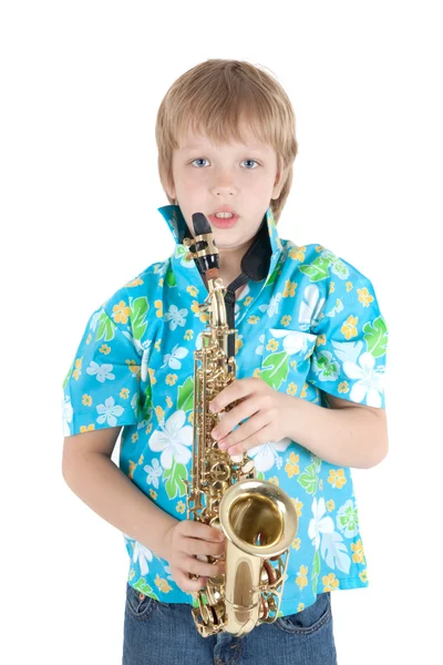Хлопчик з саксофон — стокове фото