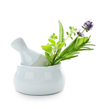 Healing herbs in mortar and pestle clipart