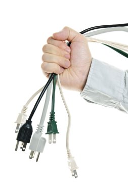 Hand holding bundle of power cables clipart