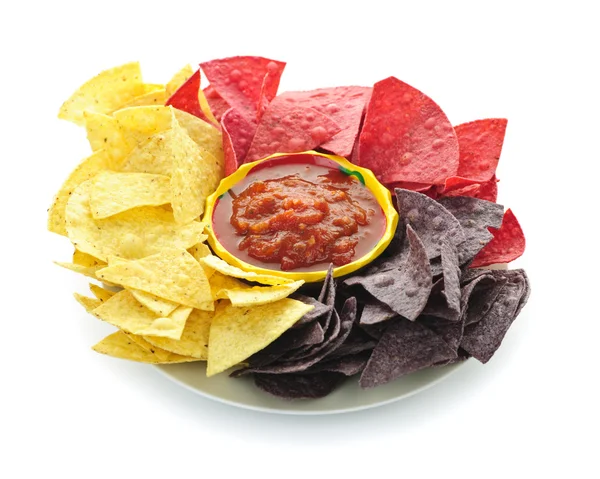 Tortilla chipsy a salsa — Stock fotografie