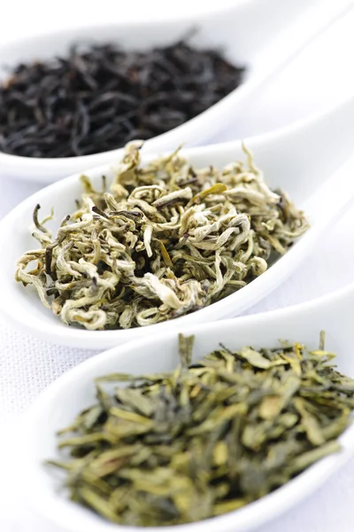 Ассортимент сухих чайных листьев в ложках — стоковое фото