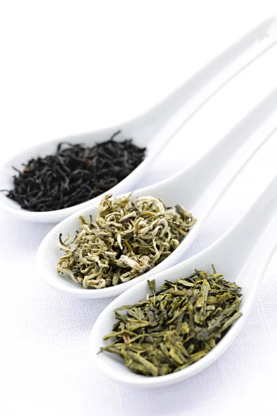 Surtido de hojas de té secas en cucharas —  Fotos de Stock