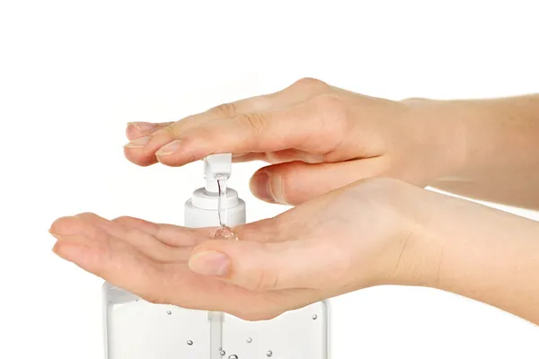 Mãos com gel desinfetante — Fotografia de Stock