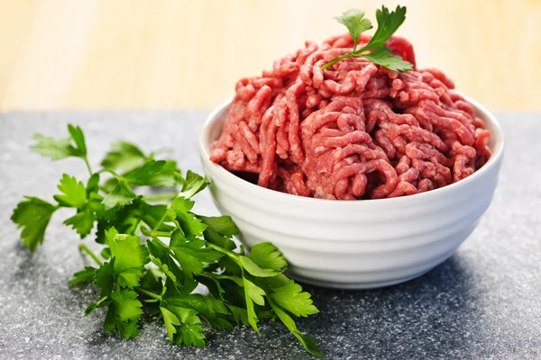 Bowl of raw ground meat — Stock Photo, Image