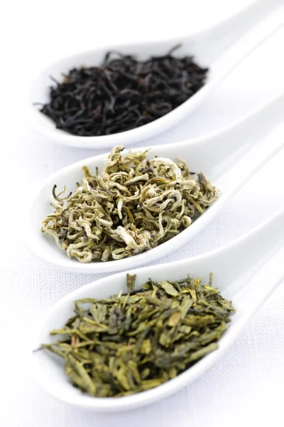 Sortimento de folhas de chá secas em colheres Imagem De Stock