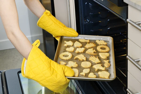 Taking cookies from oven — Stock Photo, Image