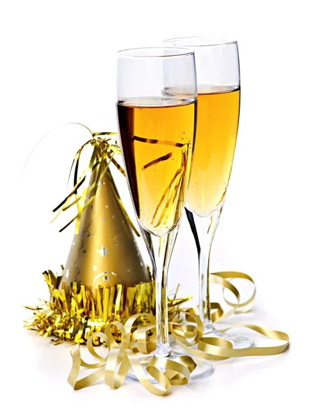 Şampanya ve yeni yıl süslemeleri — Stok fotoğraf