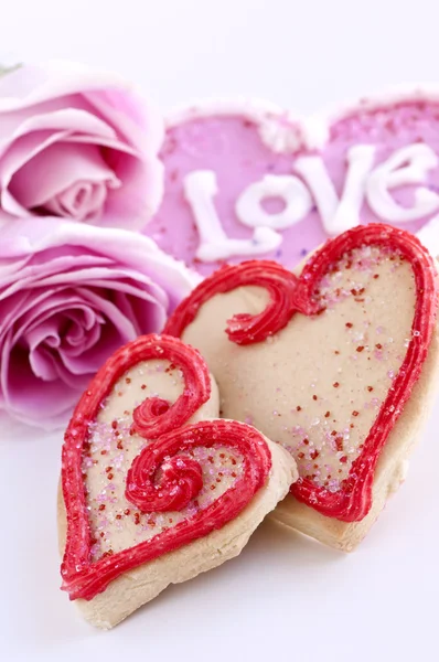 Valentinky cookies a růže — Stock fotografie