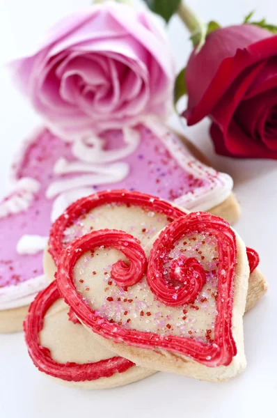 Valentinky cookies a růže — Stock fotografie