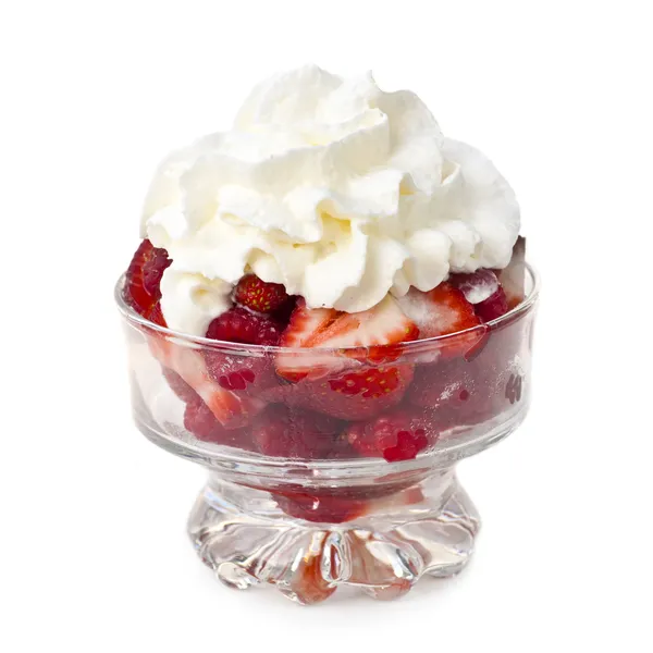 Fresh raspberries and strawberries with whipped cream — Stock Photo, Image