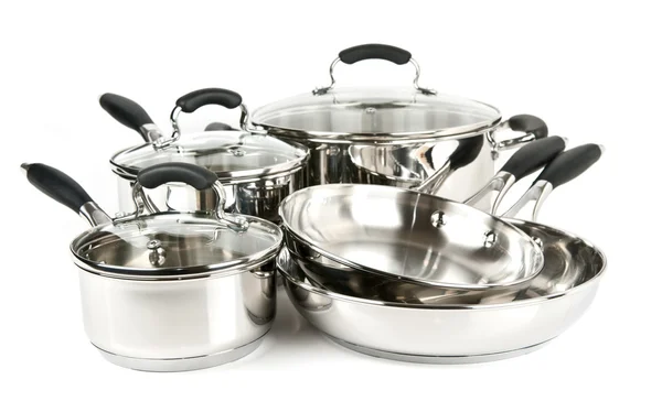 Stainless steel pots and pans — Stock Photo, Image