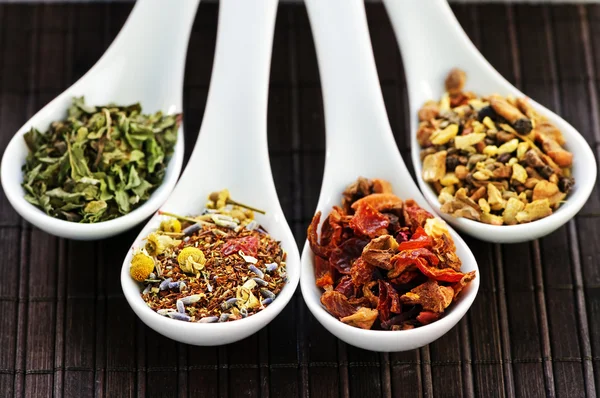 Různé bylinné wellness suchý čaj v lžičkách — Stock fotografie