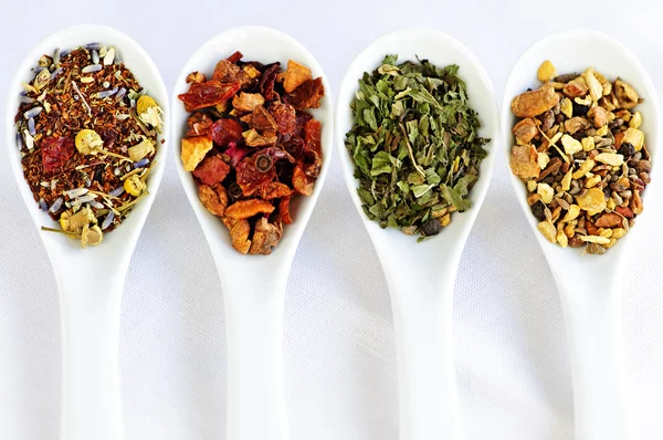 Ассорти травяной оздоровительный сухой чай в ложках — стоковое фото