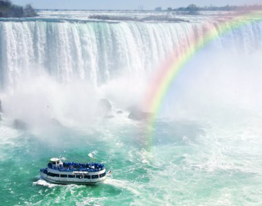 Картина, постер, плакат, фотообои "захватывающая радуга рядом с туристической лодкой на ниагарском водопаде
", артикул 4565382