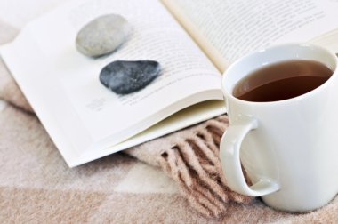 Relaxing with a book and cup of tea clipart