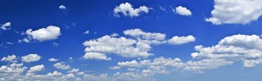 Panoramic background of blue sky with white cumulus clouds clipart