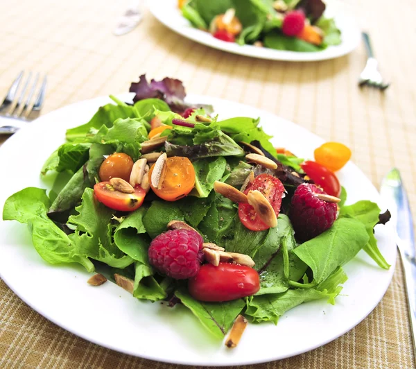 Bogyós gyümölcsök és paradicsom zöld saláta — Stock Fotó
