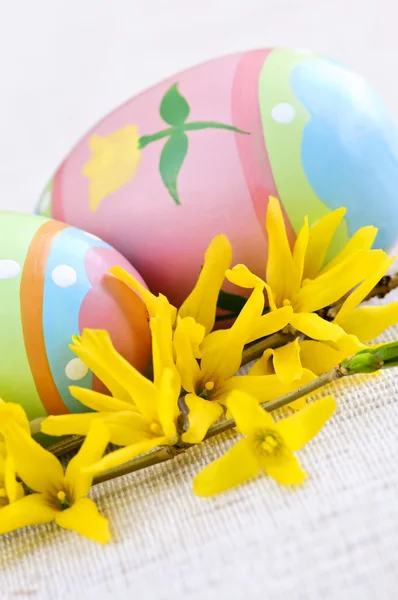 复活节蛋安排与黄色的连翘花 — 图库照片