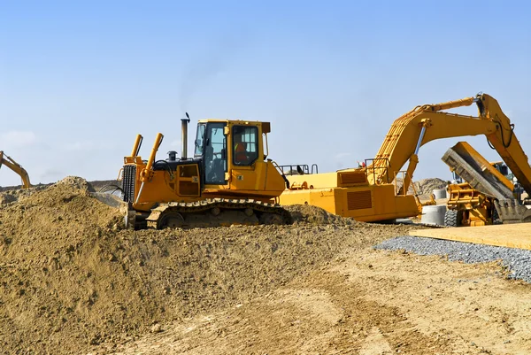 Gele Bulldozer Machines Graven Aarde Bewegen Bouwplaats — Stockfoto