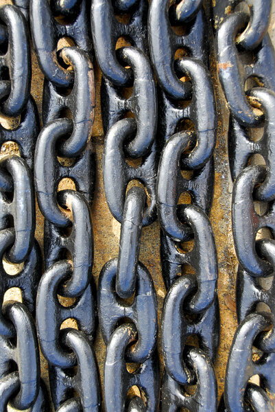Closeup of many strong metal chain links