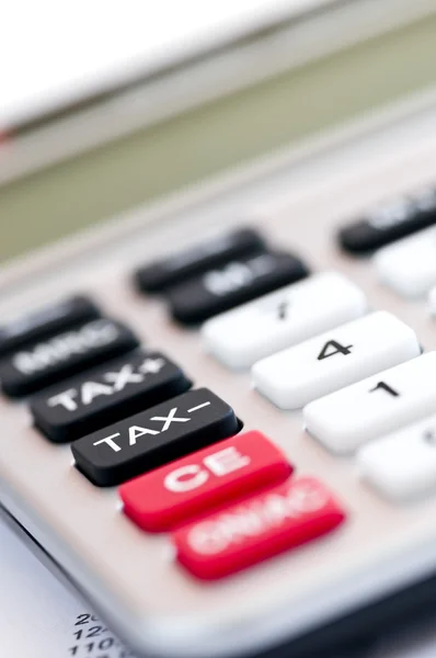 Primer Plano Teclado Calculadora Impuestos Con Botones Rojos Blanco Negro — Foto de Stock