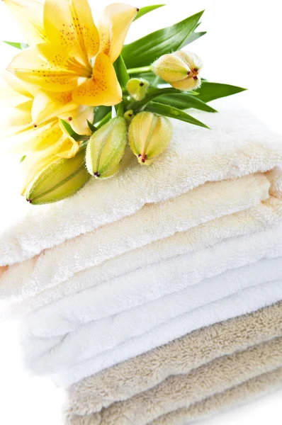 Stapel Van Zachte Handdoeken Geïsoleerd Witte Achtergrond — Stockfoto