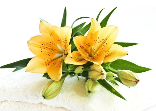 Stapel Handtücher mit Blumen — Stockfoto