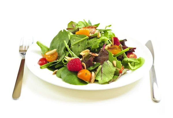 Plate of green salad on white background — Stock Photo, Image
