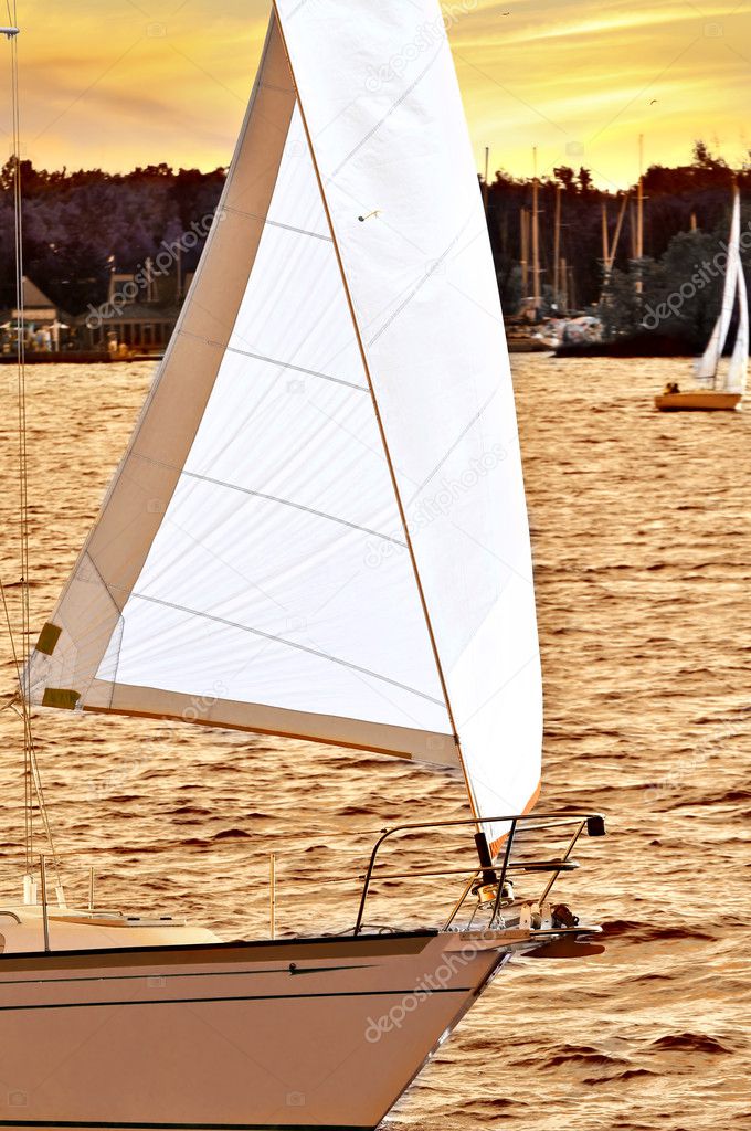 Sailboat with white sail sailing at sunset