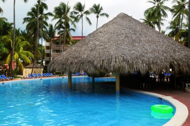 Swimming pool with swim up bar at tropical resort clipart