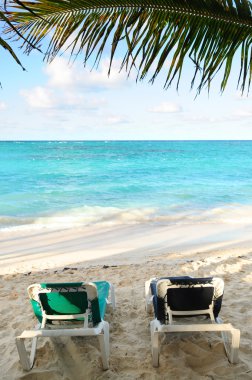 Beach chairs on ocean shore clipart