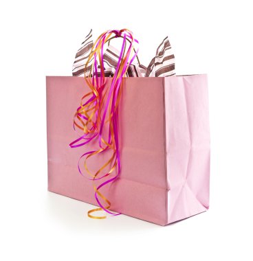 Pink shopping bag with ribbons isolated on white background clipart