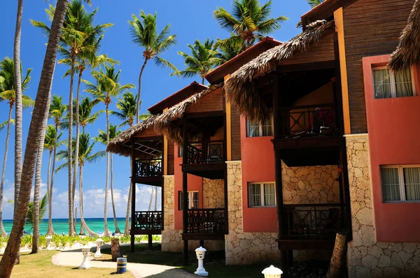 Lüks Otel Palmiye Ağaçları Ile Okyanus Kıyısında Tropikal Tatil — Stok fotoğraf