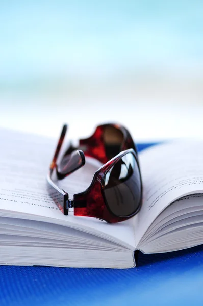 Sonnenbrille Und Offenes Buch Strandkorb Sommerferienkonzept — Stockfoto