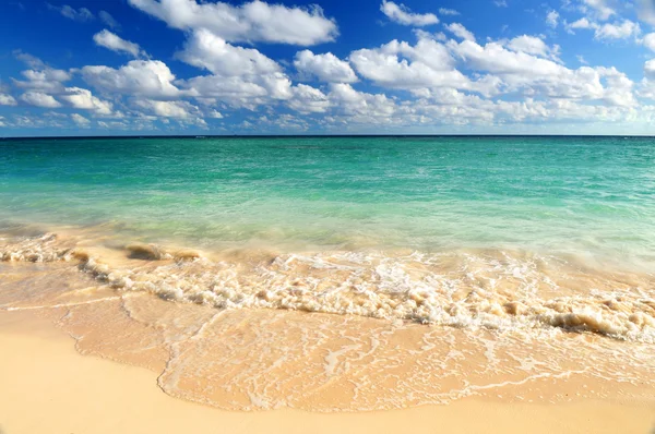 Tropické Písečná Pláž Postupující Vlnu Modré Nebe — Stock fotografie