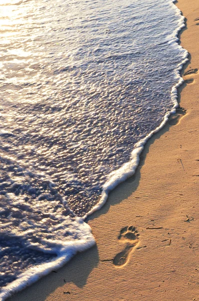 Praia Areia Tropical Com Pegadas Ondas Oceânicas — Fotografia de Stock