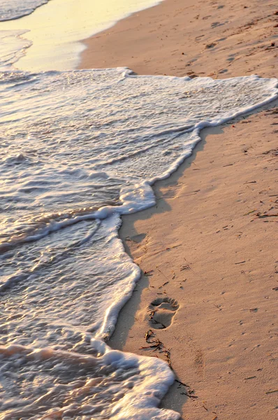 Tropisch strand met voetafdrukken — Stockfoto