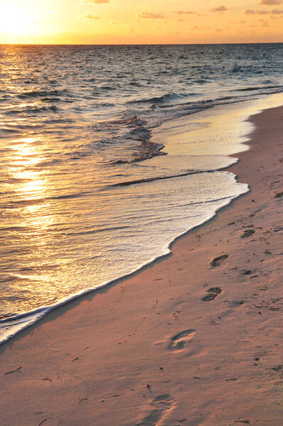 Footprints on sandy beach at sunrise